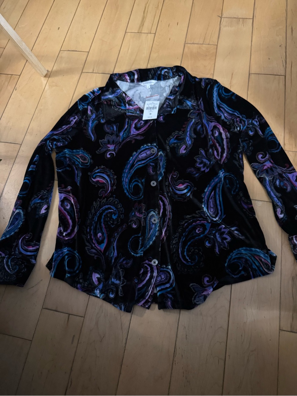 Women's Velvet Paisley Button-Front Jacket - Black & Purple